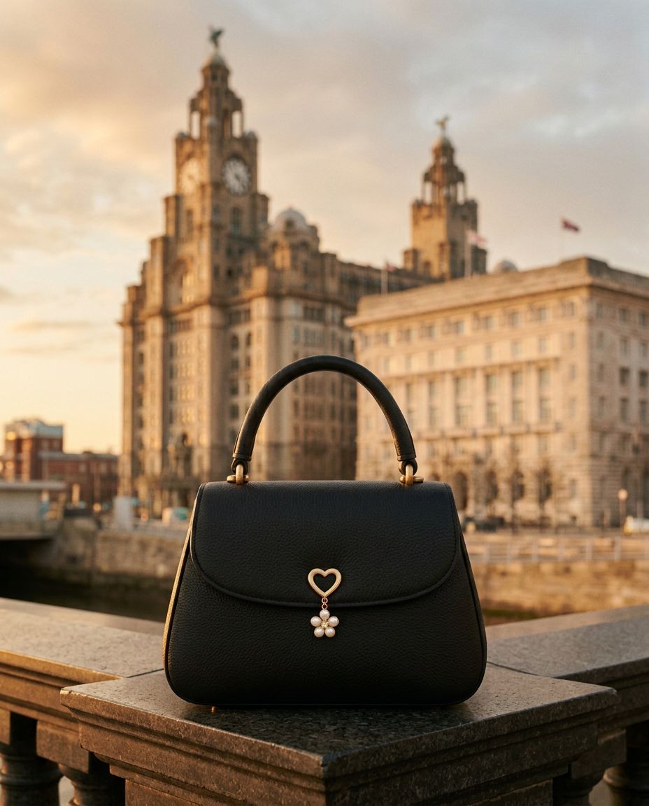 The Elizabeth Bag in black leather with the Royal Liver Building behind it